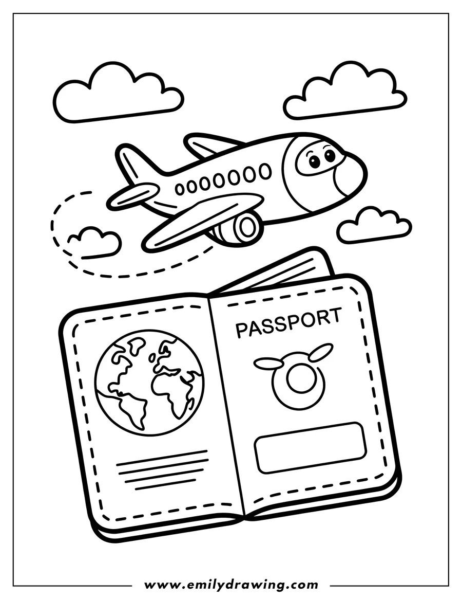 Line art of an airplane flying above an open passport. The passport shows an image of the world and a plane icon.