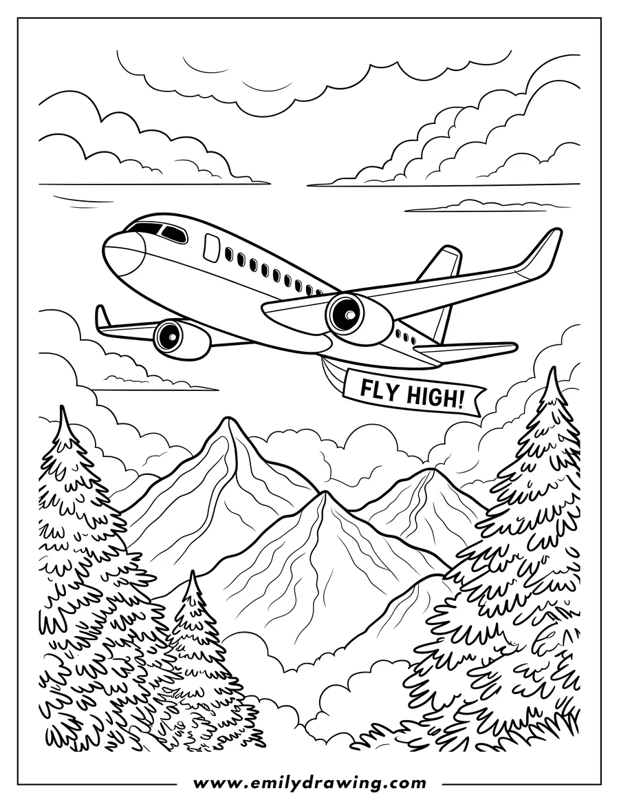 Outline of an airplane flying over a mountain range, with a banner that says 