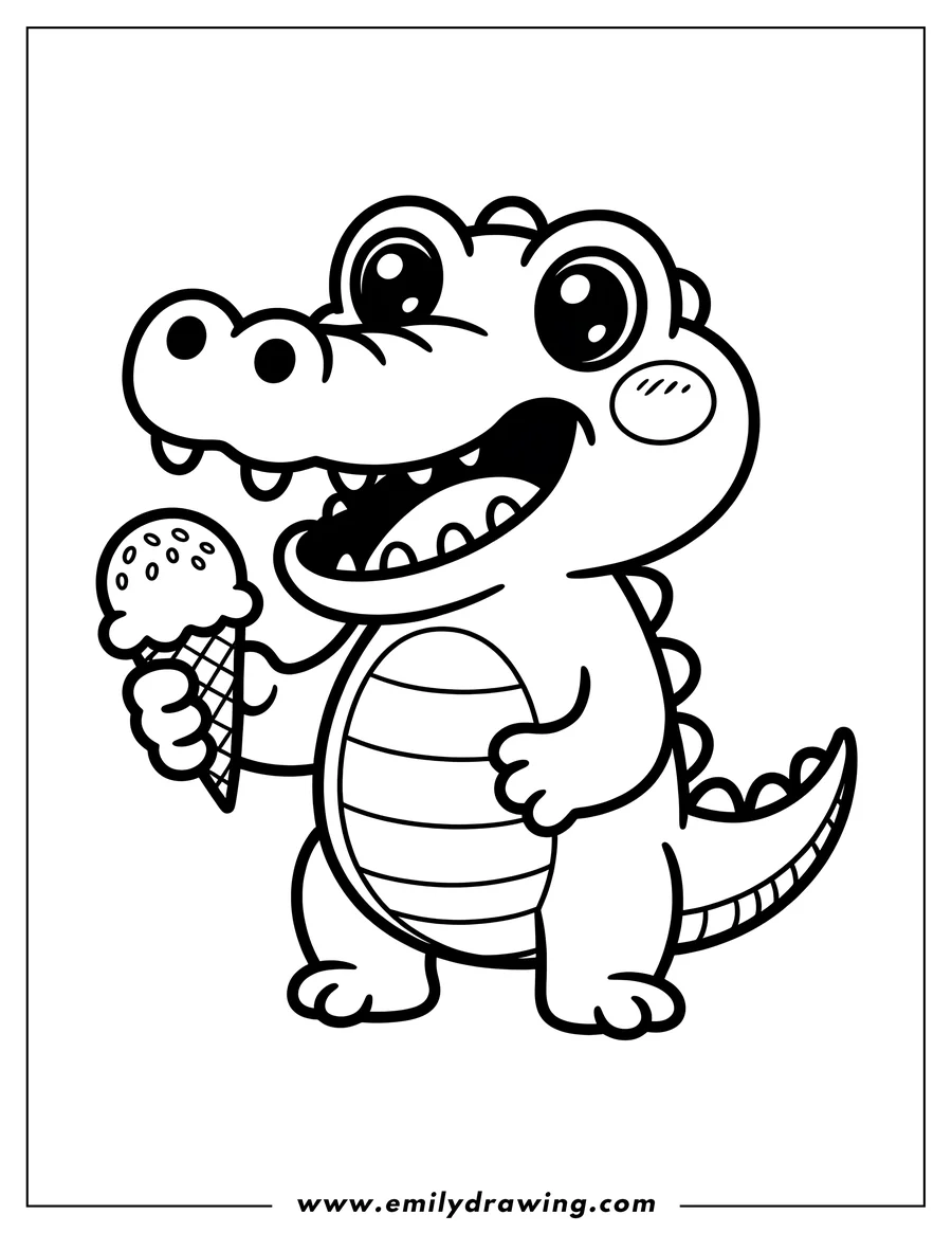 Line art of a smiling alligator eating an ice cream cone.