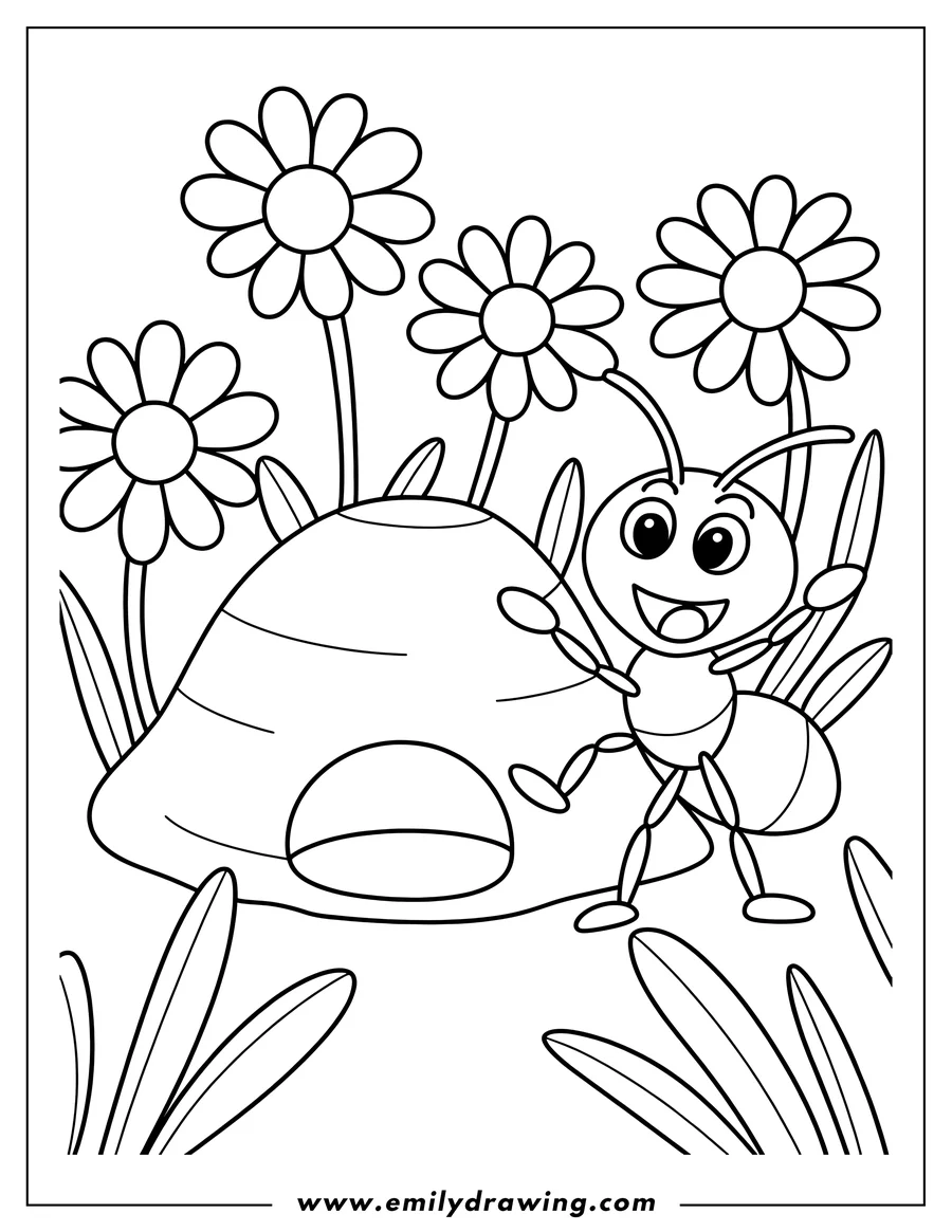 Outline of a smiling ant standing near its anthill, surrounded by flowers and grass.