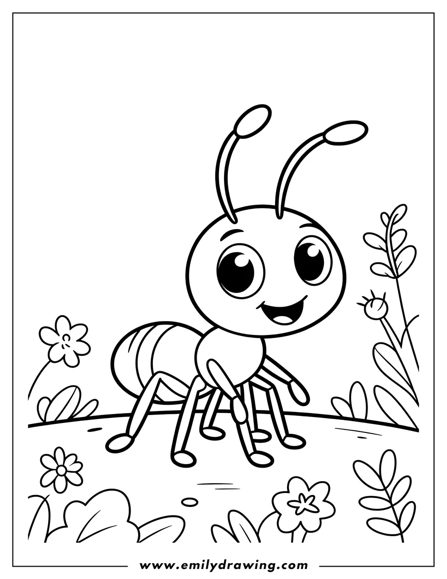 Outline of a happy ant standing in a garden setting, surrounded by flowers and plants.