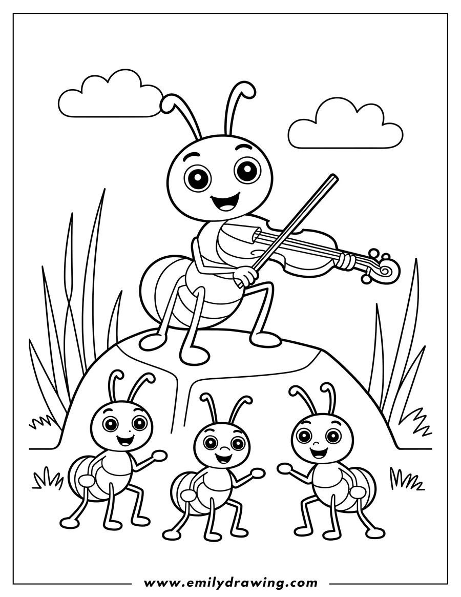 Line art of an ant playing the violin on a rock with three smaller ants dancing below.