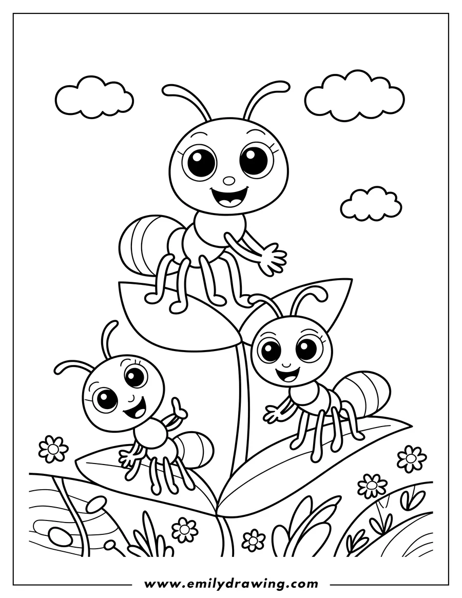 Outline of three smiling ants sitting on leaves, with flowers and clouds in the background.