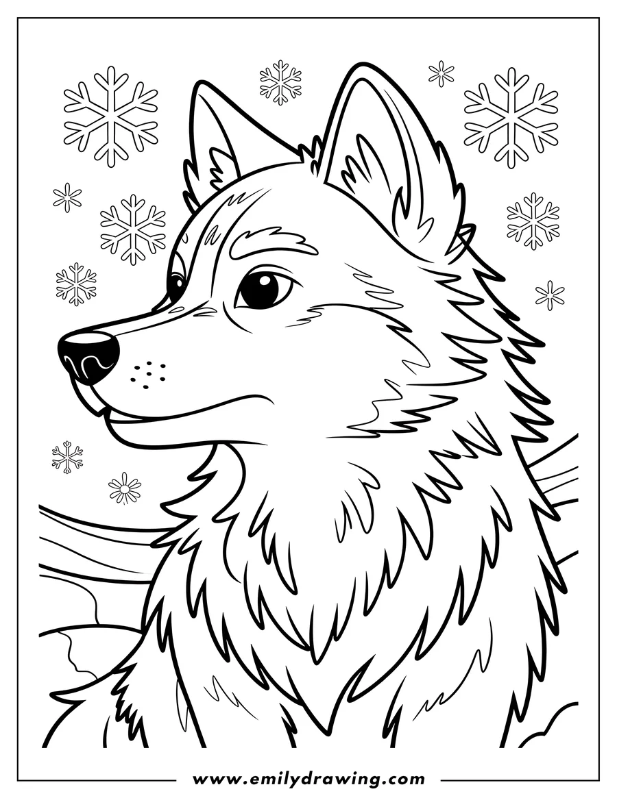 Outline of an Arctic wolf with snowflakes in the background