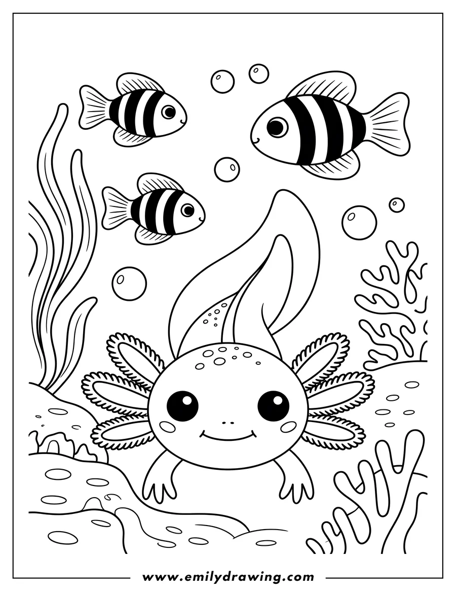 Outline of an axolotl with three small fish swimming around it.  Seaweed and coral are visible in the background.