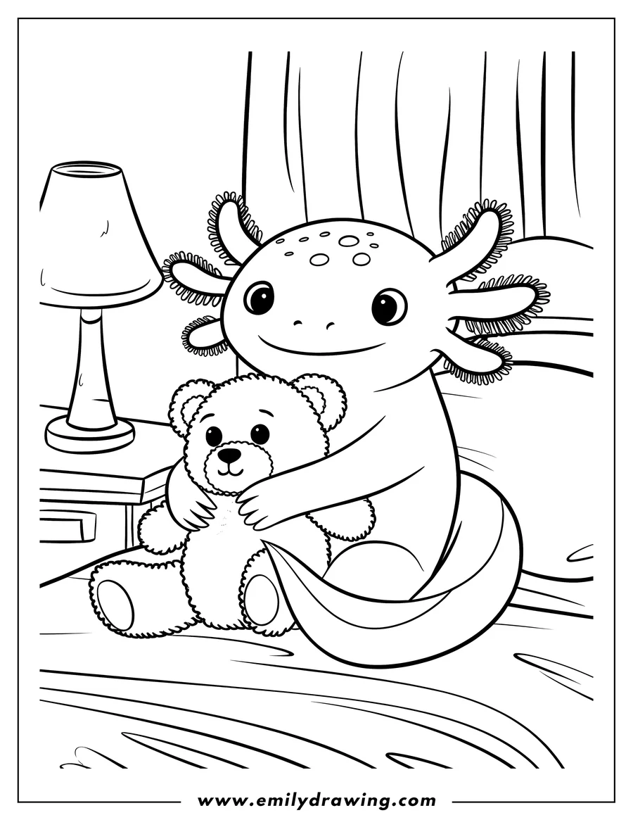 Outline of an axolotl sitting in bed with a teddy bear tucked under its arm.
