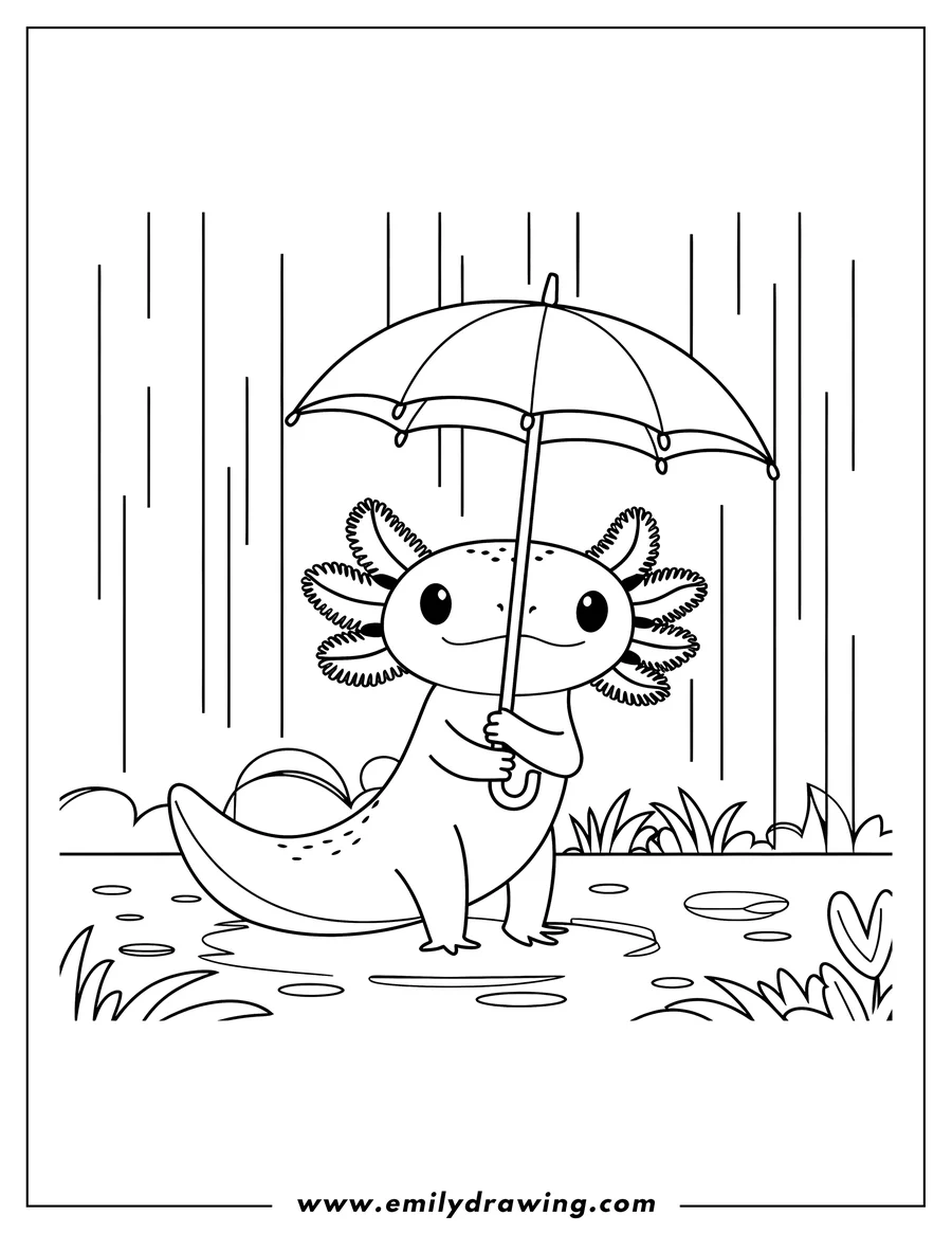 Line art of an axolotl holding an umbrella in the rain. There are puddles on the ground and grass around the axolotl.