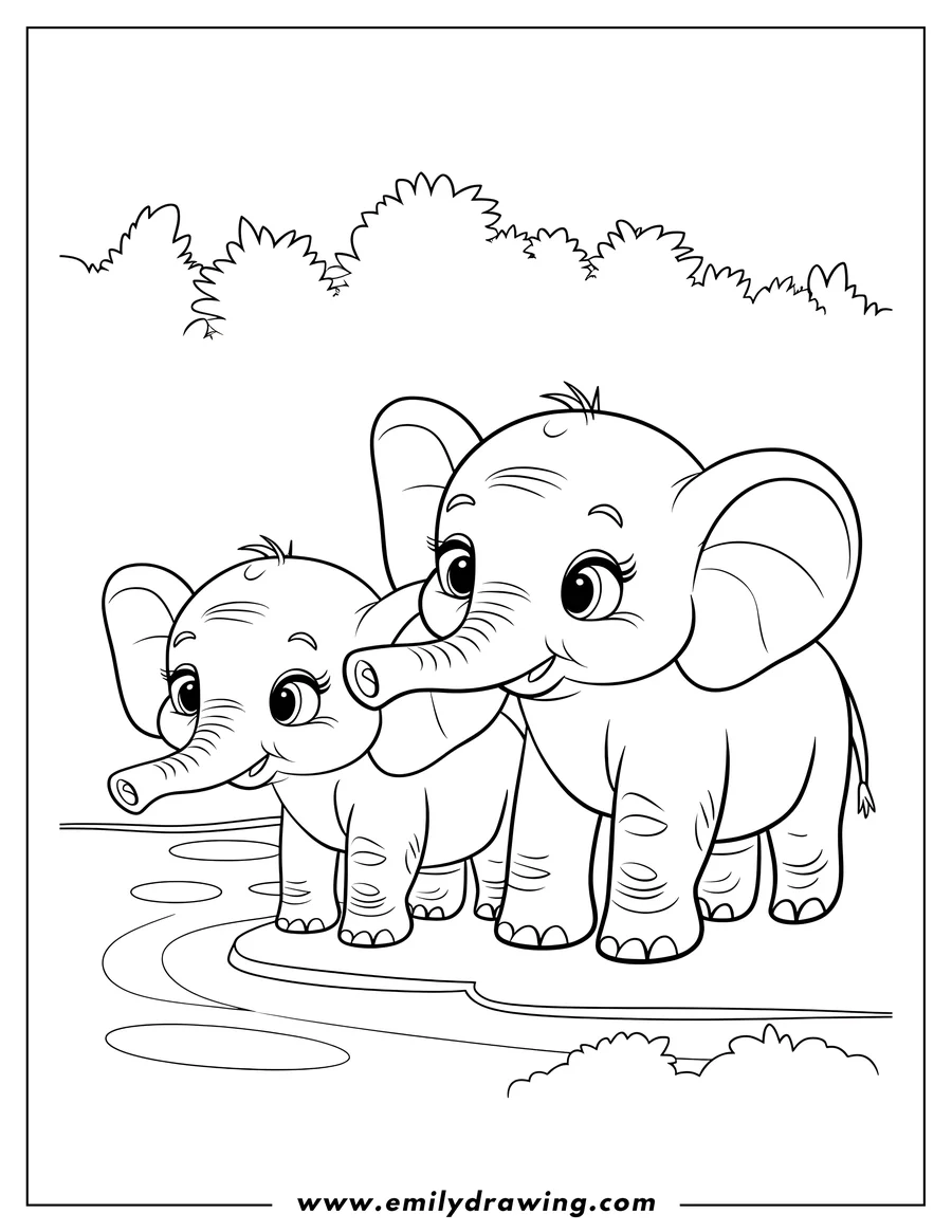 Outline of two young elephants standing near the edge of a calm body of water.  There are bushes and trees in the background.