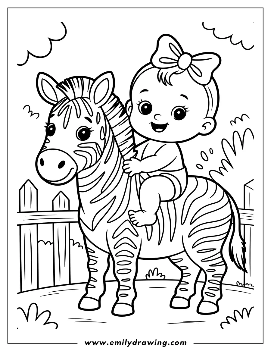 Outline of a baby with a bow riding on a zebra near a wooden fence.