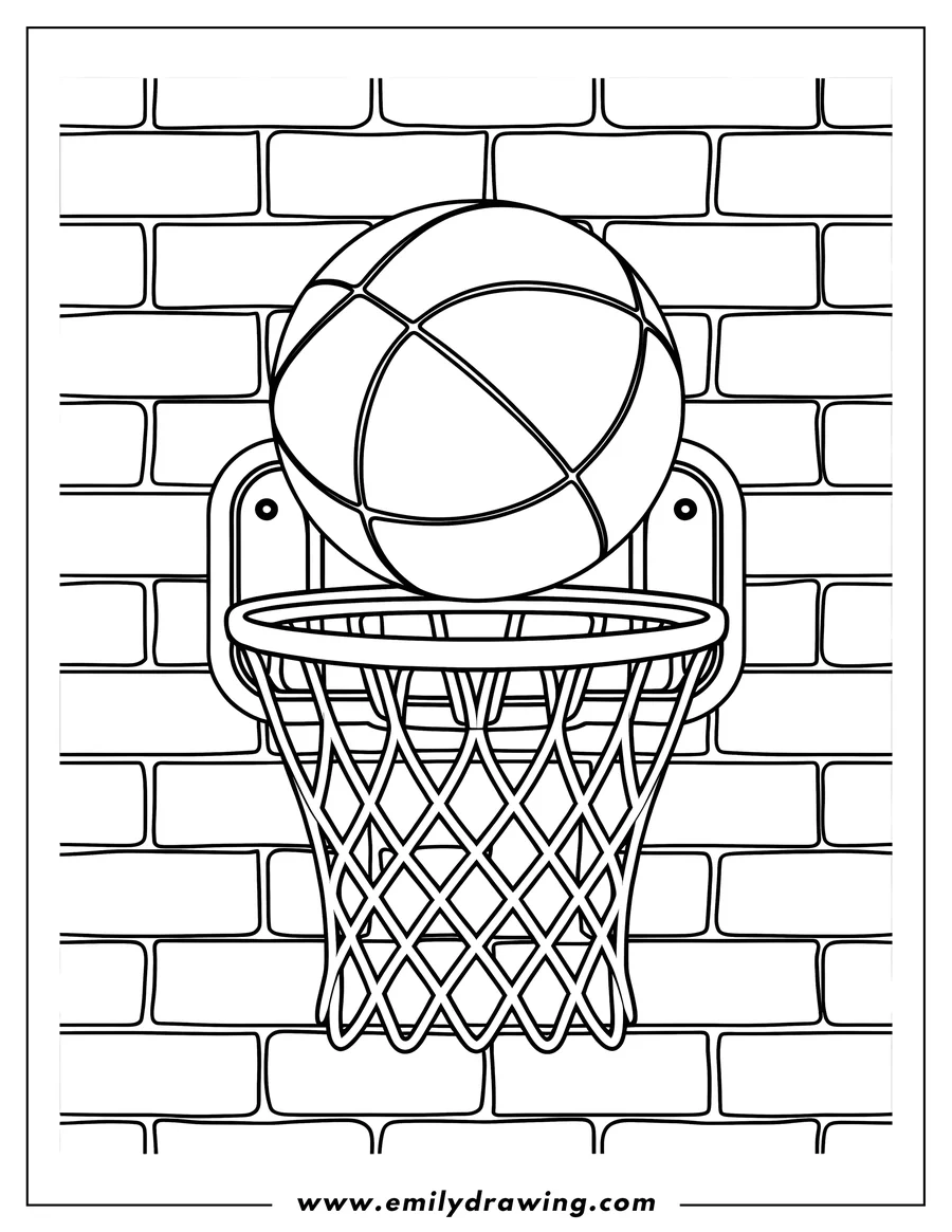 Line art of a basketball above a hoop against a brick wall.