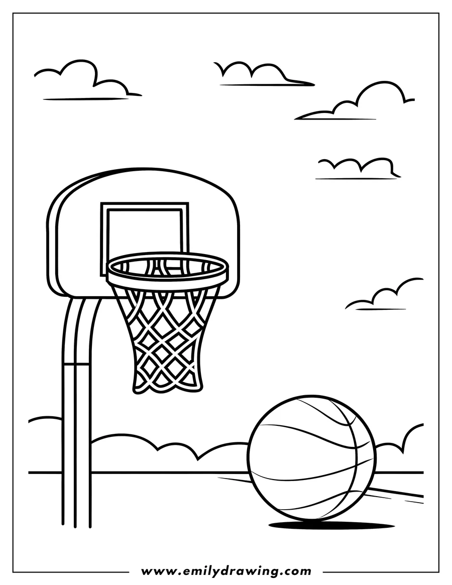 Outline of a basketball near a basketball hoop on a court with clouds in the background.