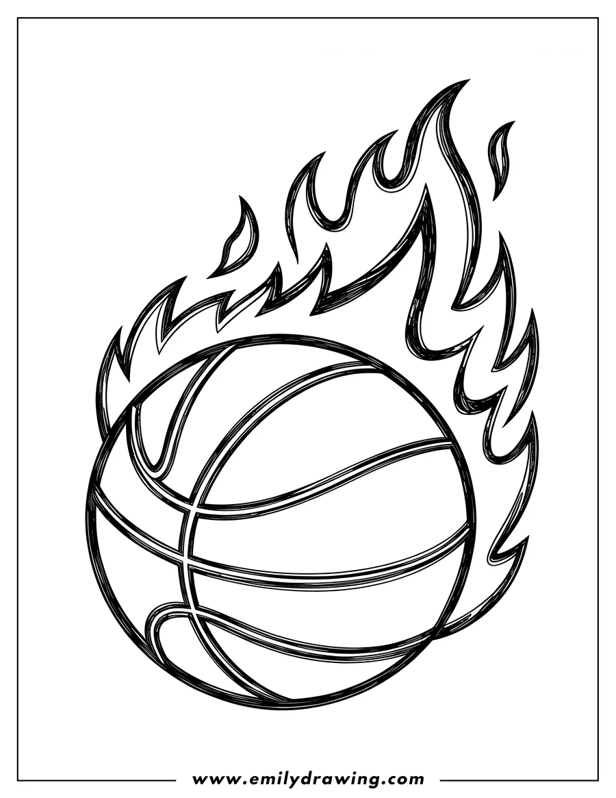 Line art of a basketball with flames coming off of it.
