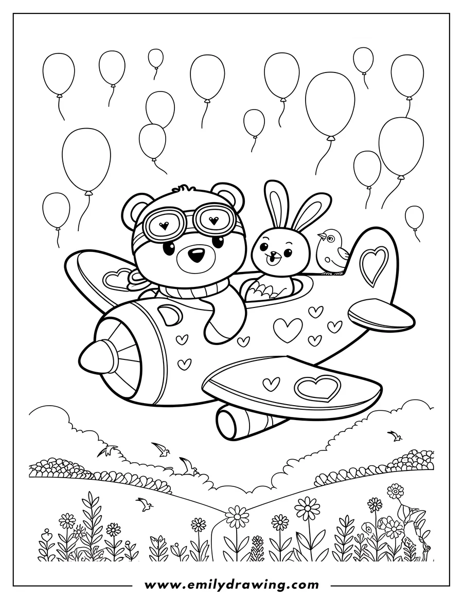Line art of a bear and a rabbit flying in an airplane decorated with hearts, with a small bird perched on the wing. Balloons float above, and a field of flowers is visible below.