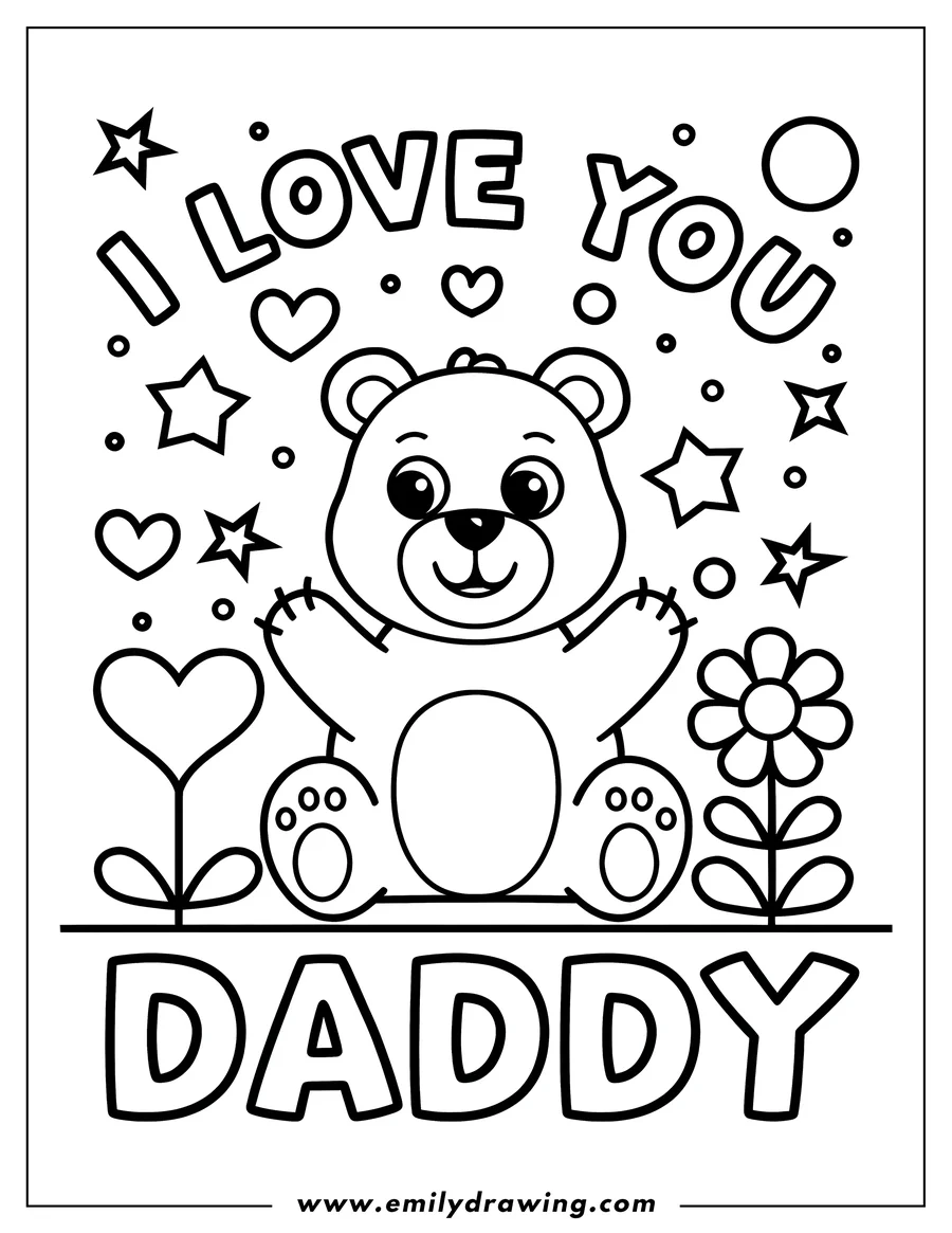 Line art of a cute bear with the message 'I love you Daddy' surrounded by hearts and stars