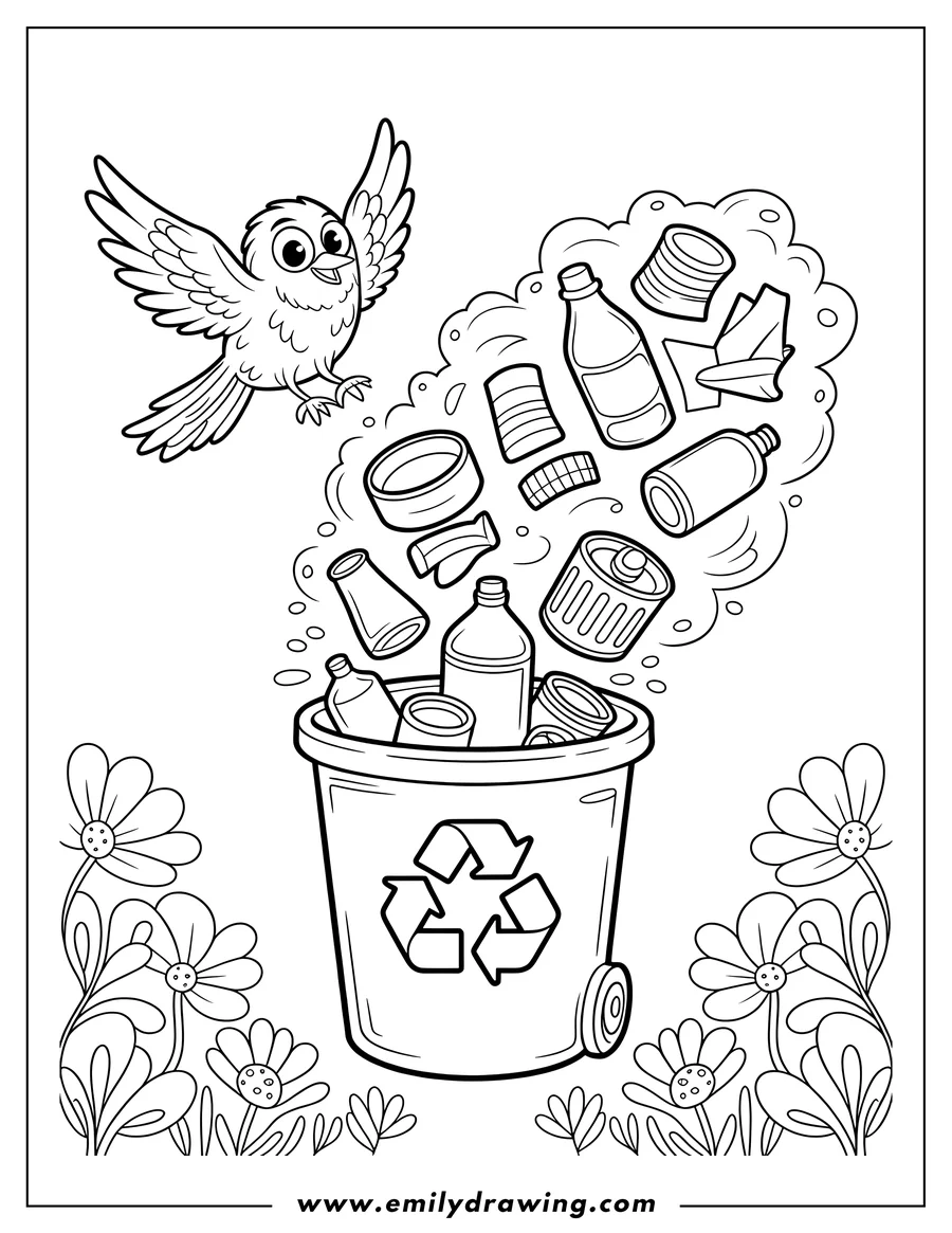 Line art of a bird flying near a recycling bin filled with recyclable items. Flowers and grass surround the bin.