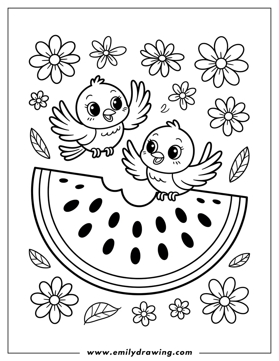 Two birds perched on a slice of watermelon, surrounded by flowers and leaves.