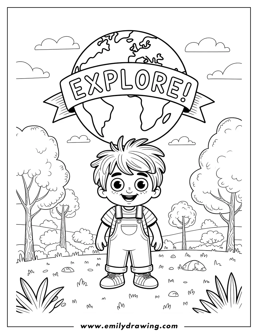 Line art of a boy in overalls standing near trees, with a banner reading 'EXPLORE!' wrapped around a drawing of Earth.