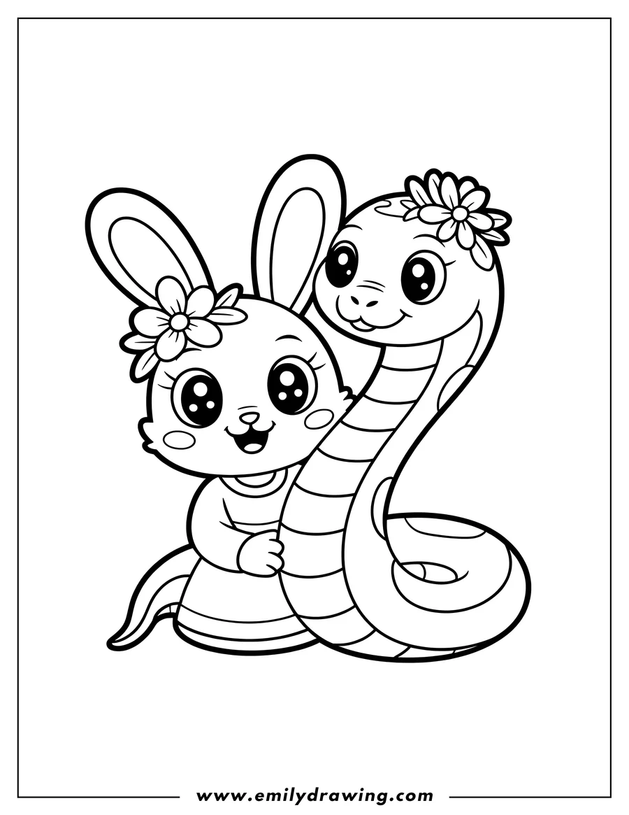 Outline of a bunny hugging a snake, both with flowers on their heads.