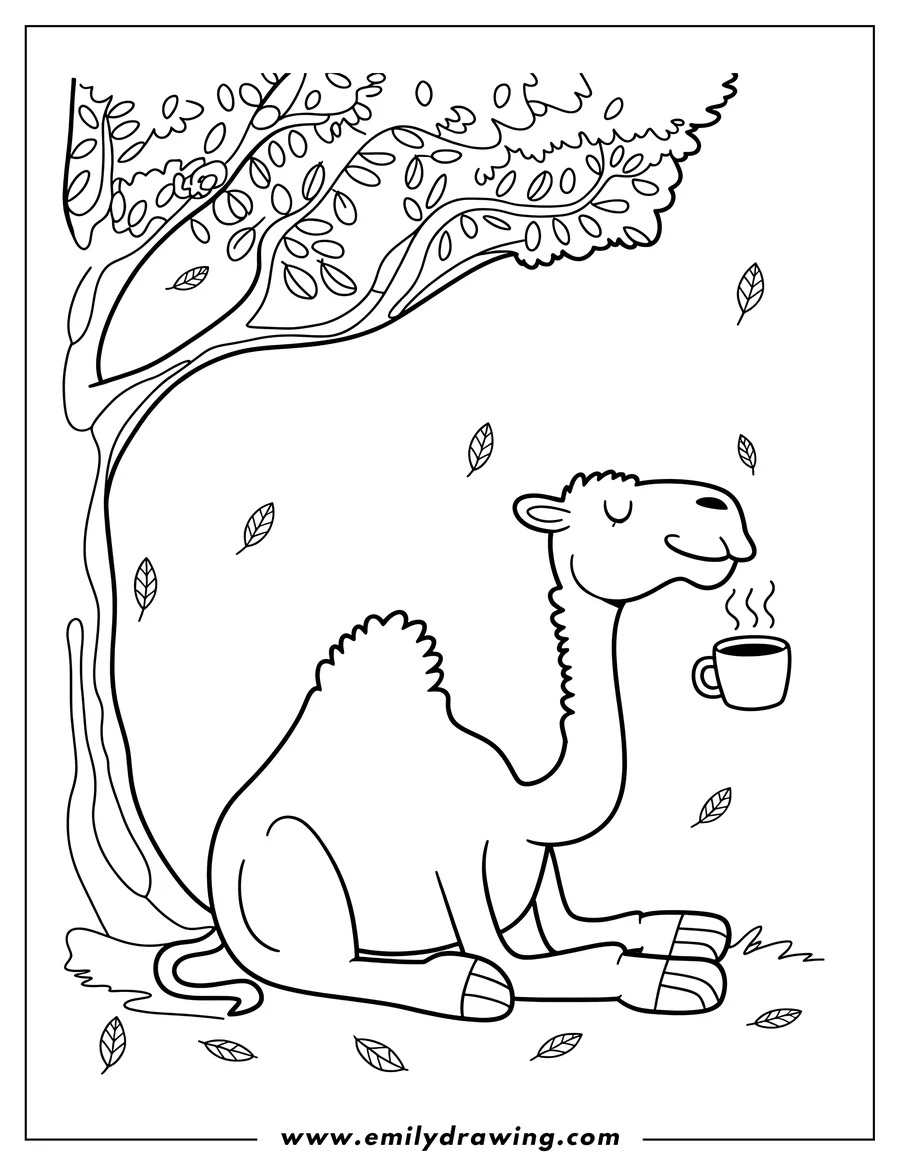 Line art of a camel relaxing under a tree, enjoying a cup of steaming tea.  Leaves are gently falling around it.