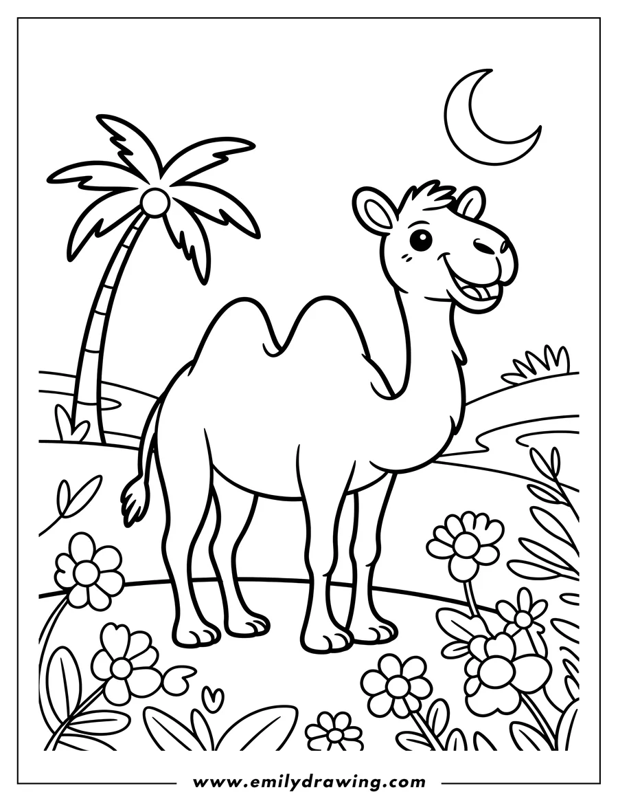 Line art of a camel standing near a palm tree under a crescent moon.  Flowers and desert plants are also visible.