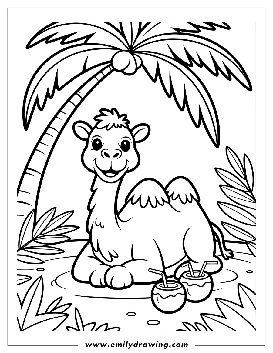 Line art of a camel sitting under a palm tree with two coconut drinks and straws.  Tropical plants and leaves are visible around the camel.