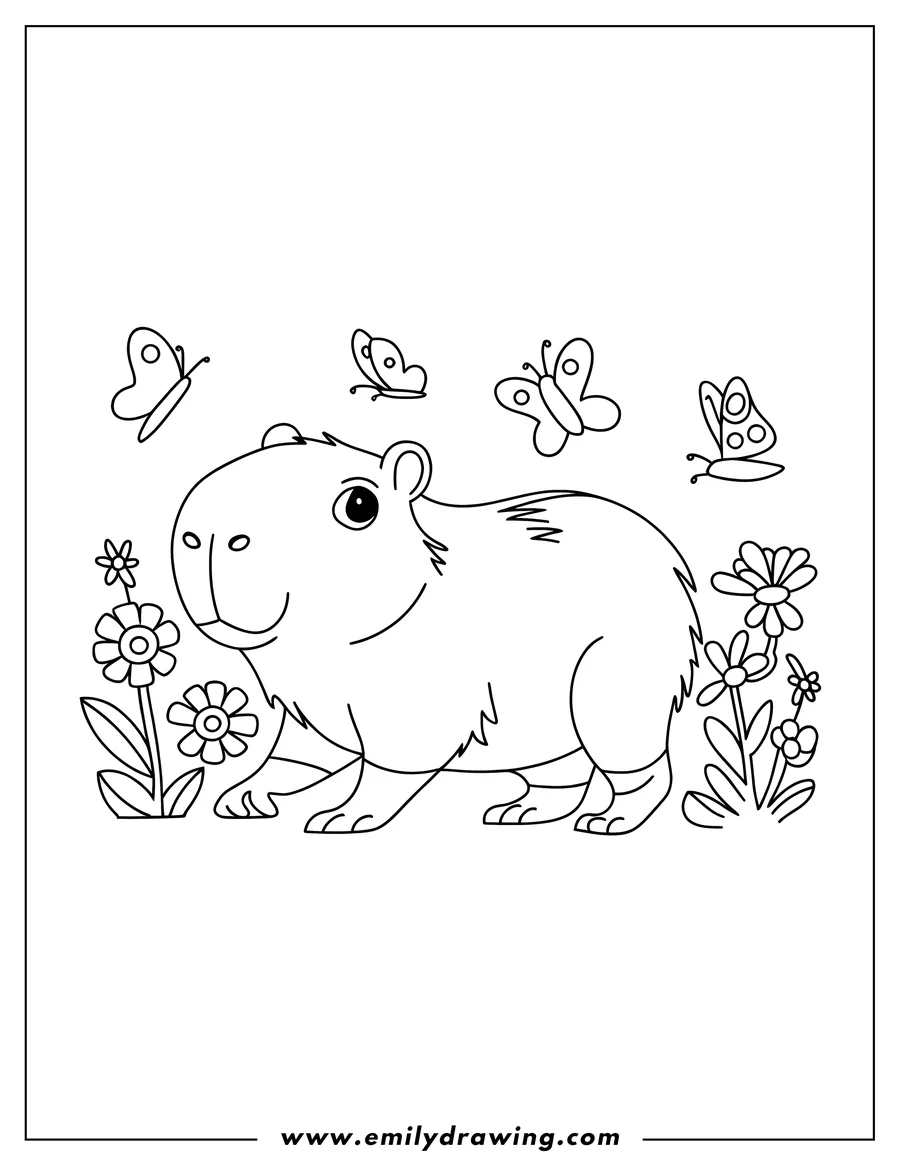 Outline of a capybara surrounded by butterflies and flowers.