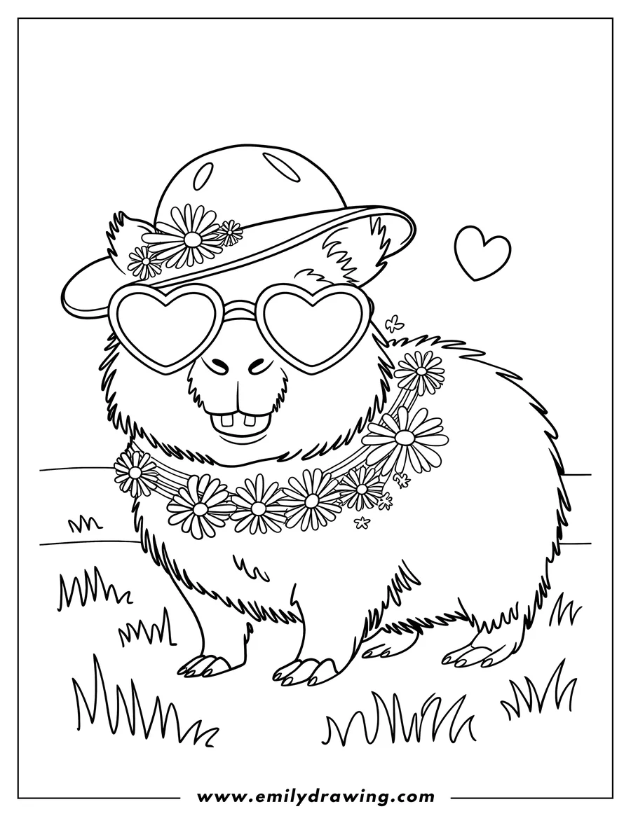 Line art of a capybara wearing a hat, heart-shaped sunglasses, and a flower crown.