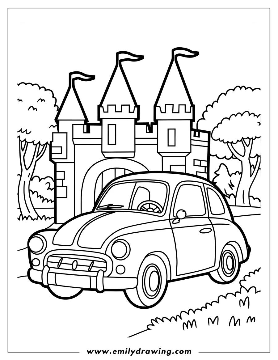 Outline of a vintage car parked near a castle with flags on its towers