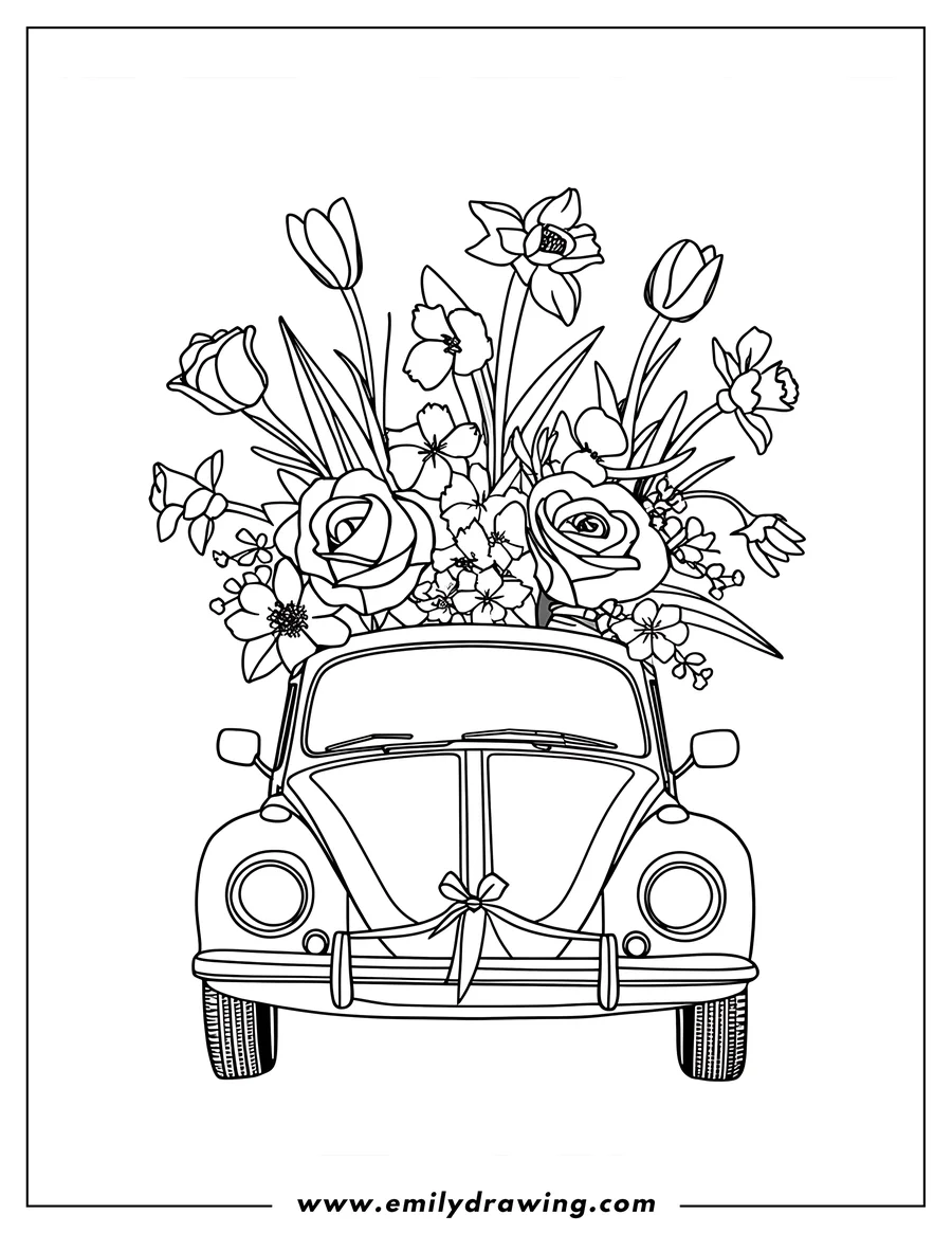 Line art of a vintage-style car with a large bouquet of various flowers, including roses, tulips, and daffodils, filling the area above the hood and windshield.
