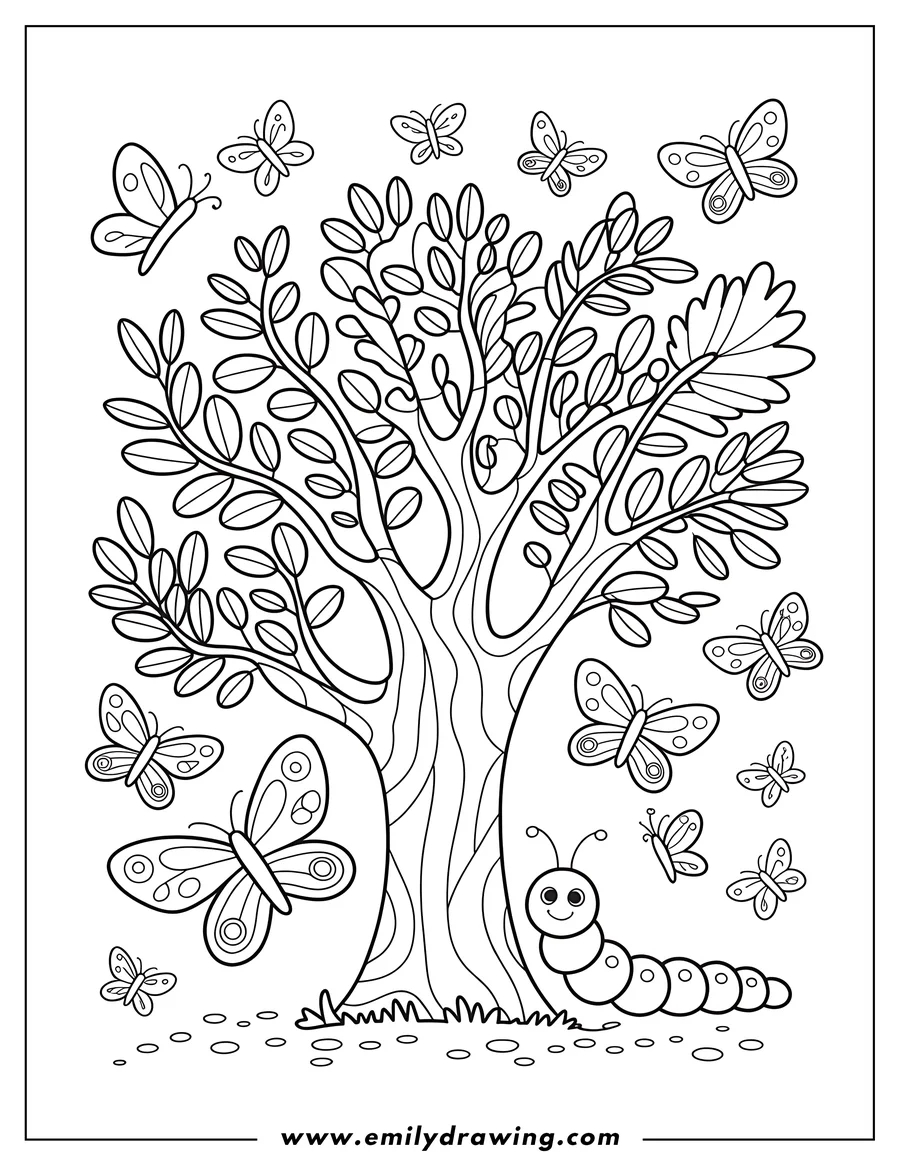 Outline of a caterpillar sitting by a tree trunk with butterflies fluttering around.