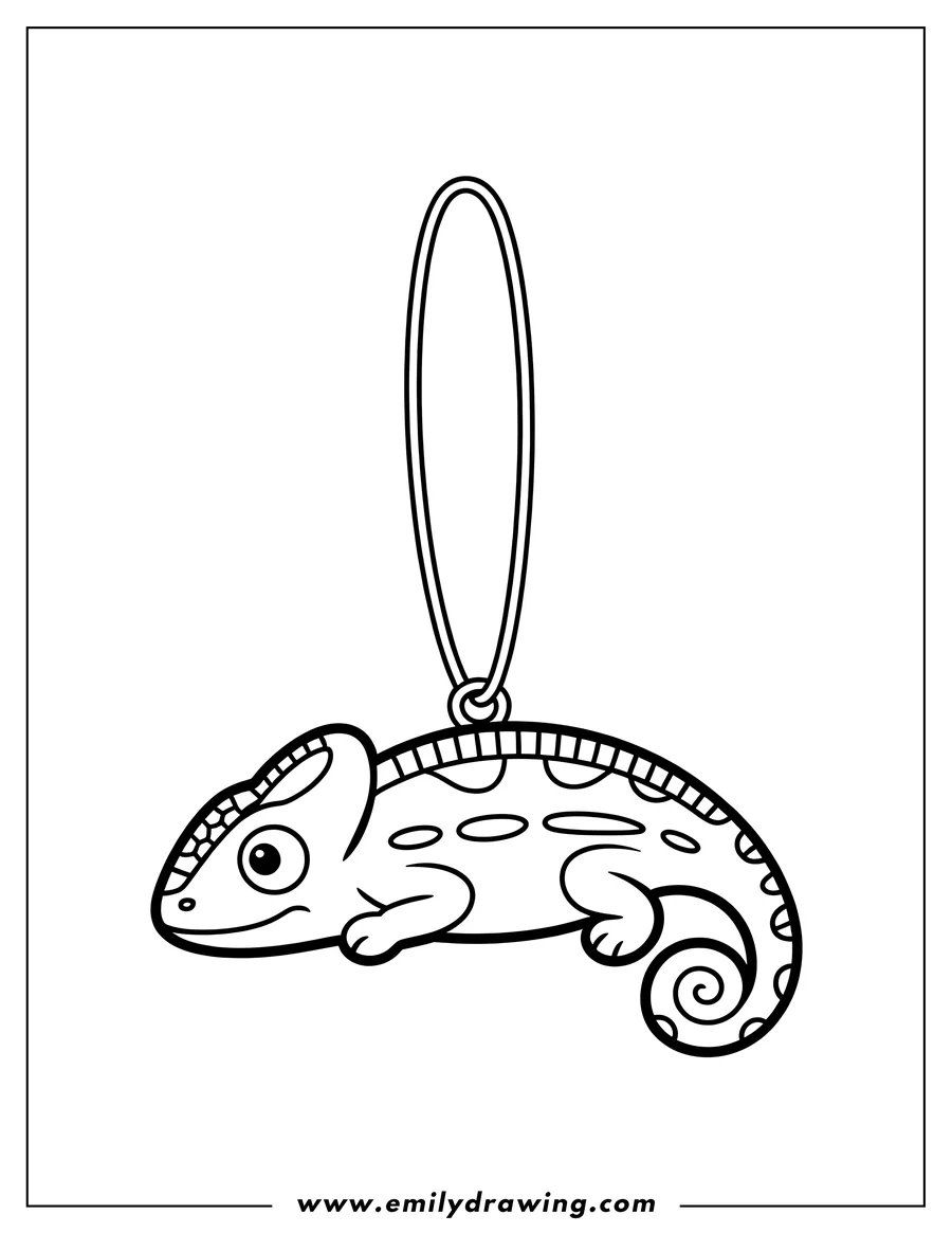 Line art of a chameleon hanging from a loop.