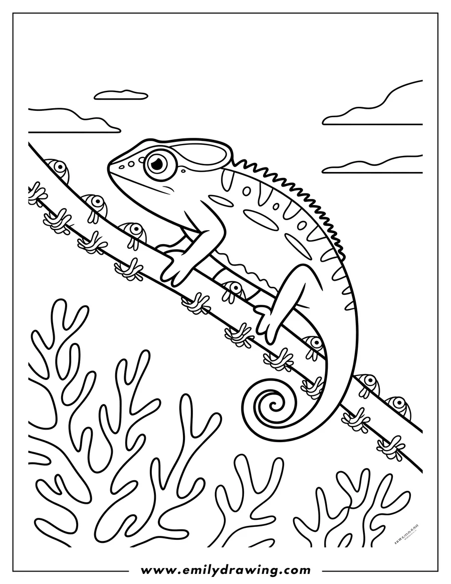 Outline of a chameleon gripping a branch with its curled tail and feet.  Stylized coral or foliage appears below.