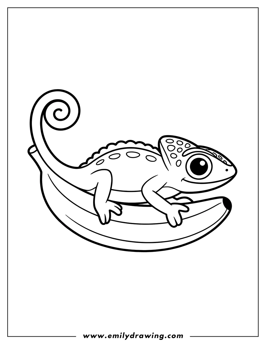 Outline of a chameleon sitting on a banana.  Its tail is curled.