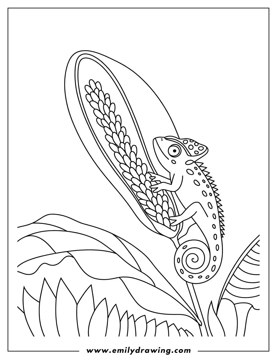 Outline of a chameleon perched on a tropical plant with large leaves and a textured stem. The chameleon's tail is curled, and its head has a distinctive crest.
