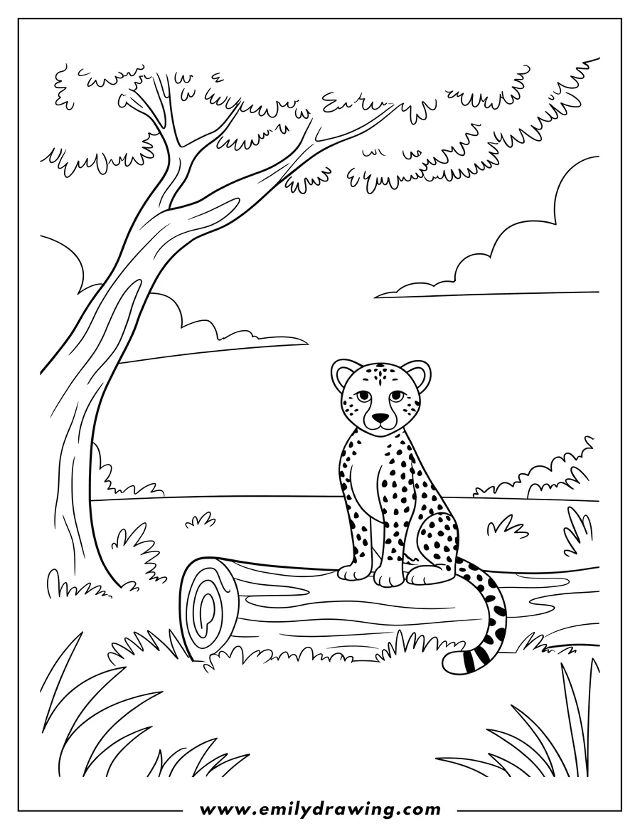 Outline of a cheetah sitting on a log near a tree.  It has spots and a striped tail.