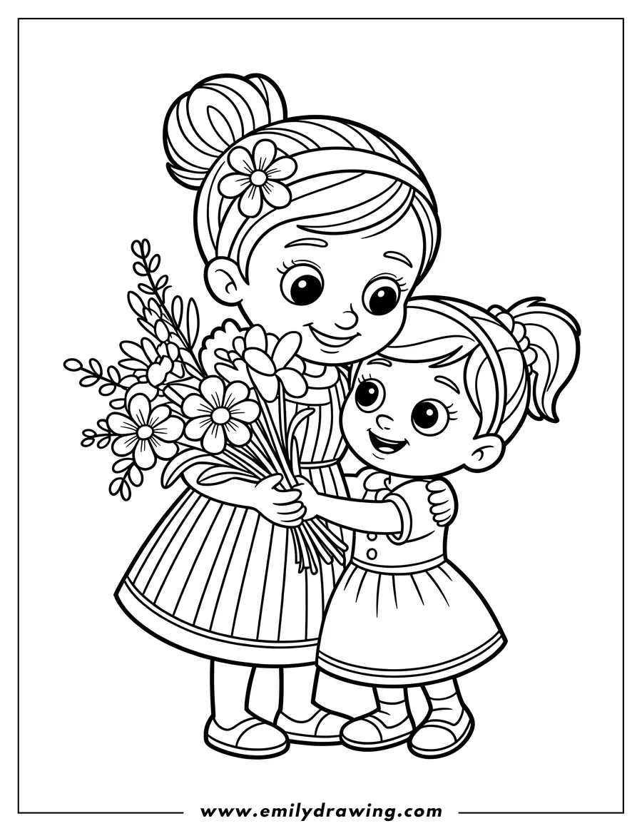 Line art of a young child handing a bouquet of flowers to their mother.