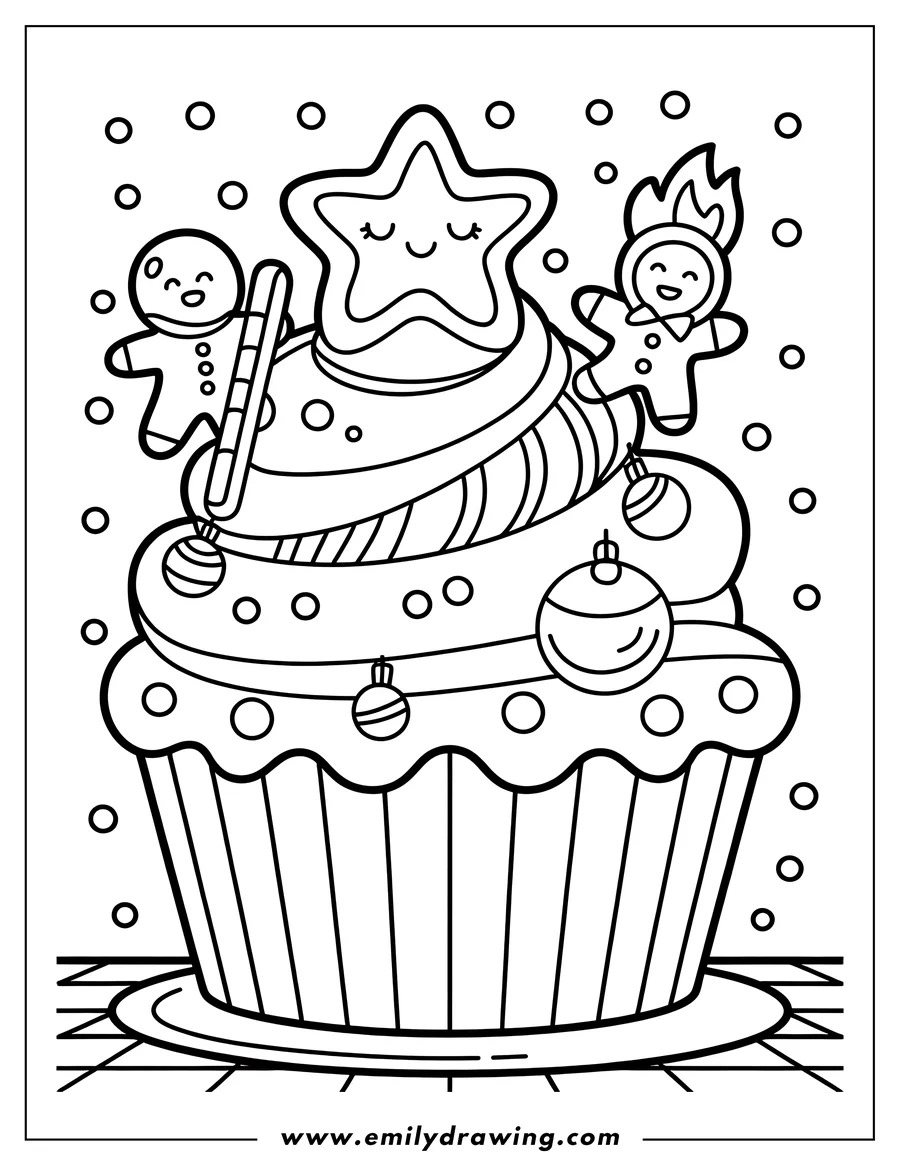 Outline of a Christmas cupcake decorated with ornaments, a star, a gingerbread man, and a candy cane.