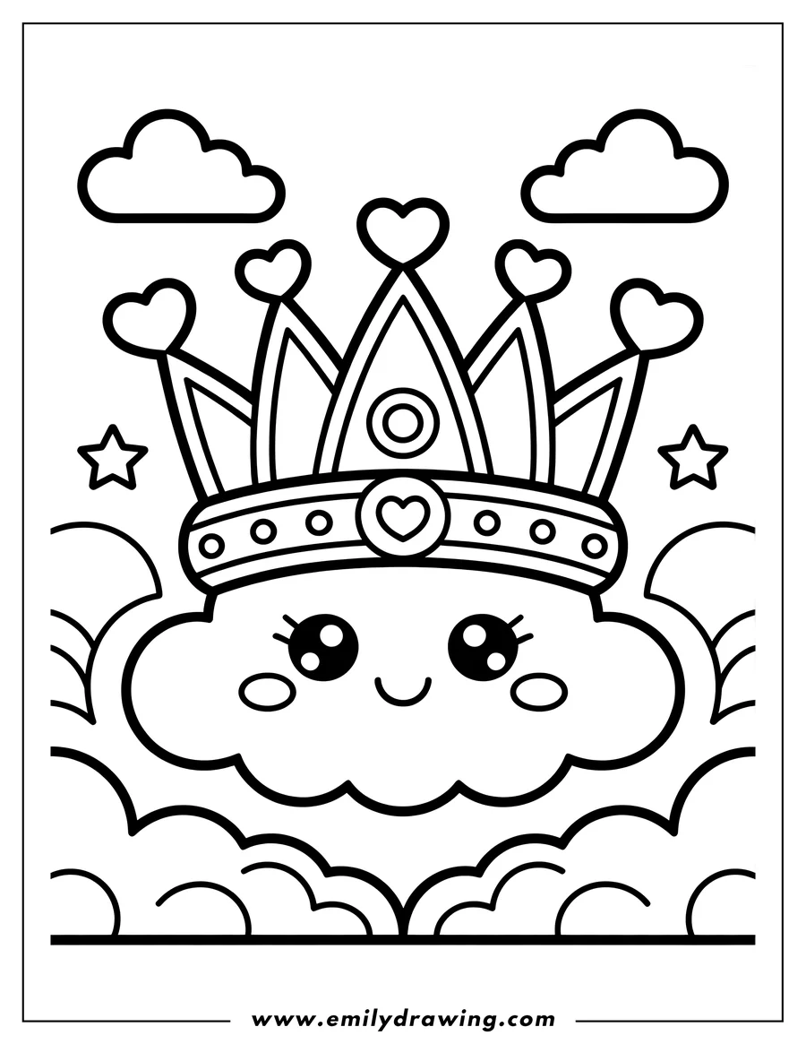 Line art of a smiling cloud wearing a crown adorned with hearts, floating among smaller clouds and stars.