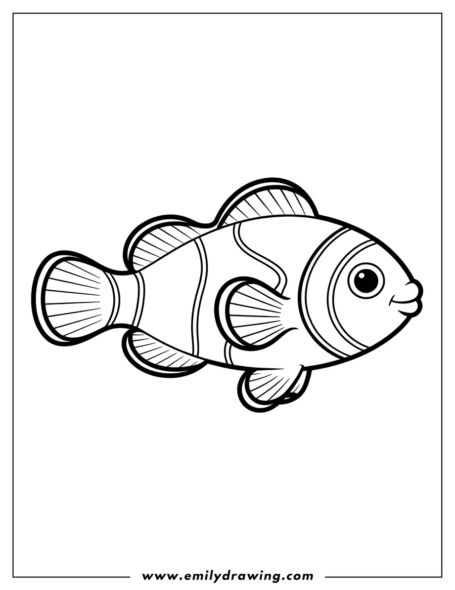 Line art of a clown anemonefish, a small, round fish with three white stripes.