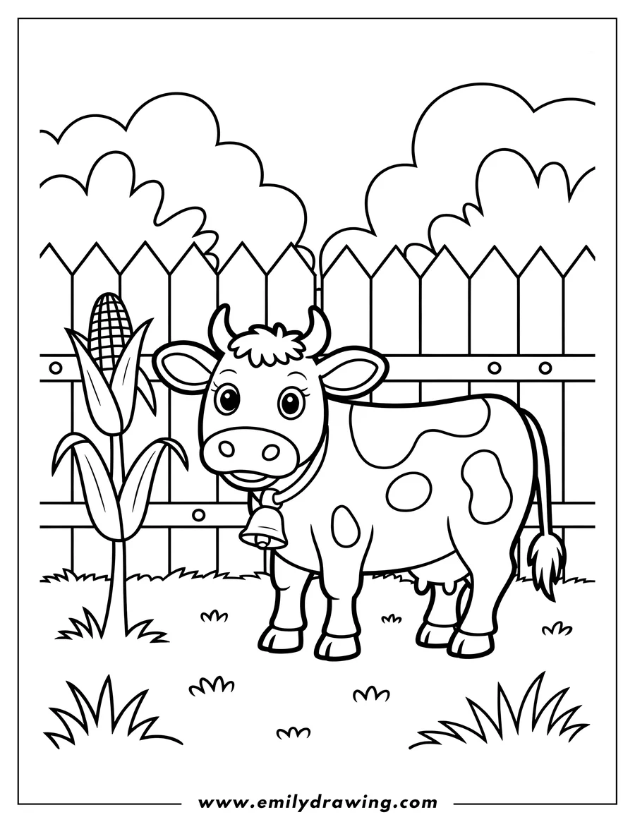 Outline of a cow standing by a fence. Corn grows nearby.