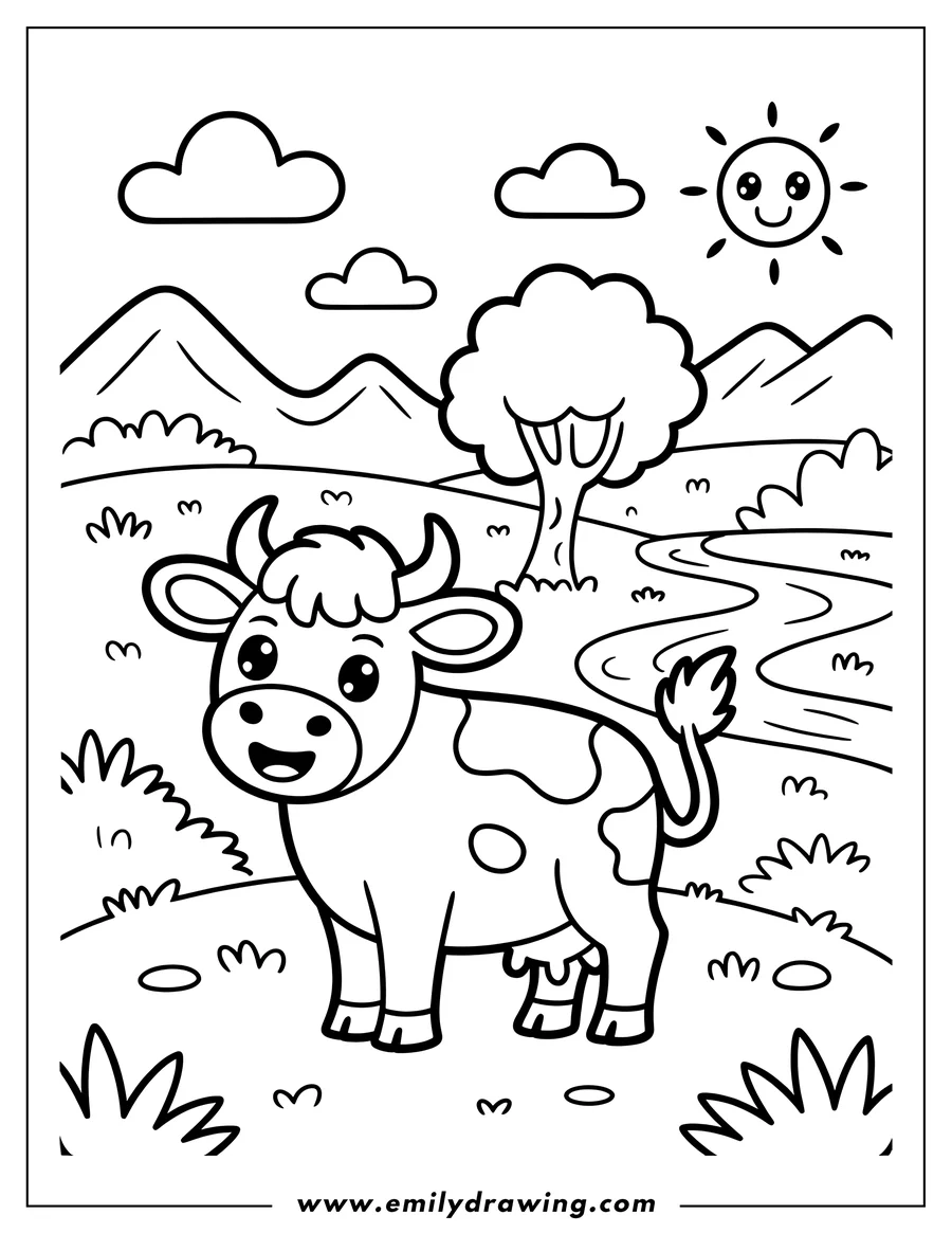 Outline of a smiling cow standing near a river, with a tree and hills in the background under a cheerful sun.