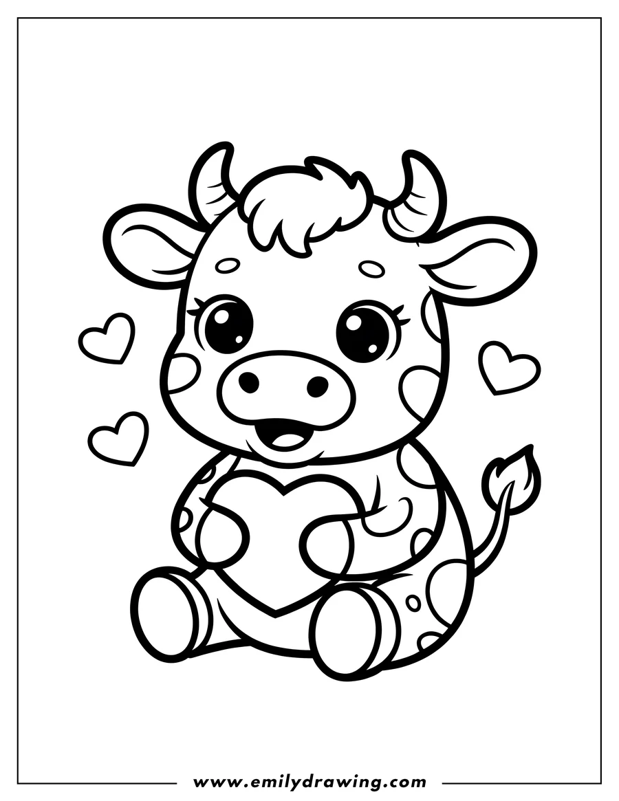 Outline of a cute cow sitting and holding a large heart. Small hearts float around it.