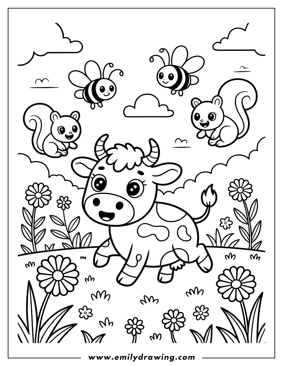 Outline of a cute cow walking in a field of flowers, with bees and squirrels nearby.