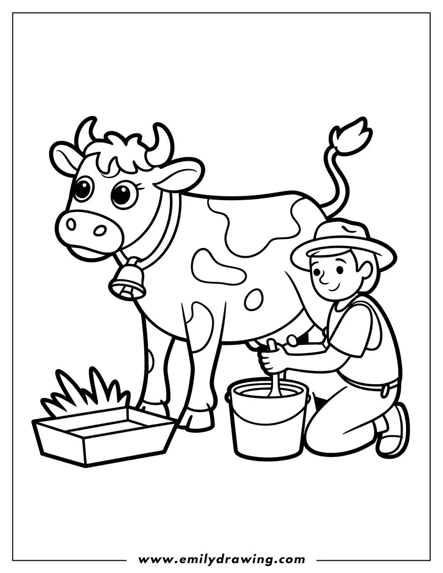 Line art of a farmer milking a cow. There is a bucket for the milk and a manger with hay for the cow.