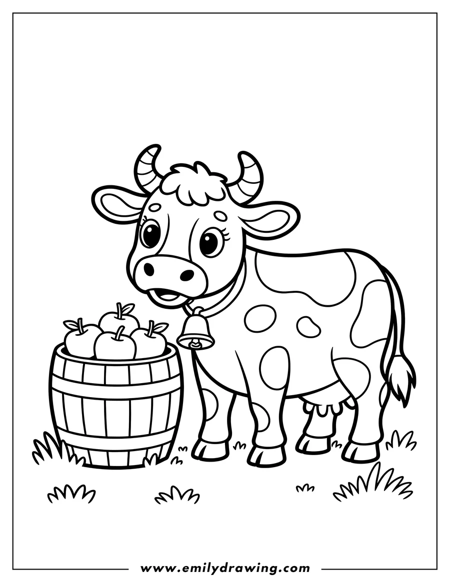 Outline of a cow with spots standing near a wooden basket full of apples. The cow has a bell around its neck.