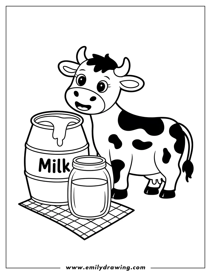 Line art of a cow standing next to a barrel of milk and a jar, likely ready to be filled. A checkered mat is underneath.