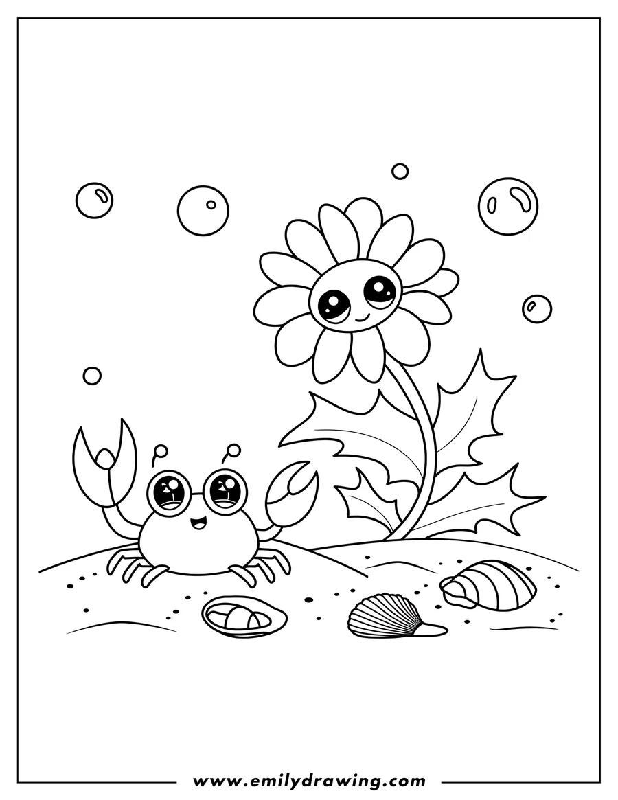 Line art of a cute crab beside a large flower on the seafloor with seashells and bubbles around them.