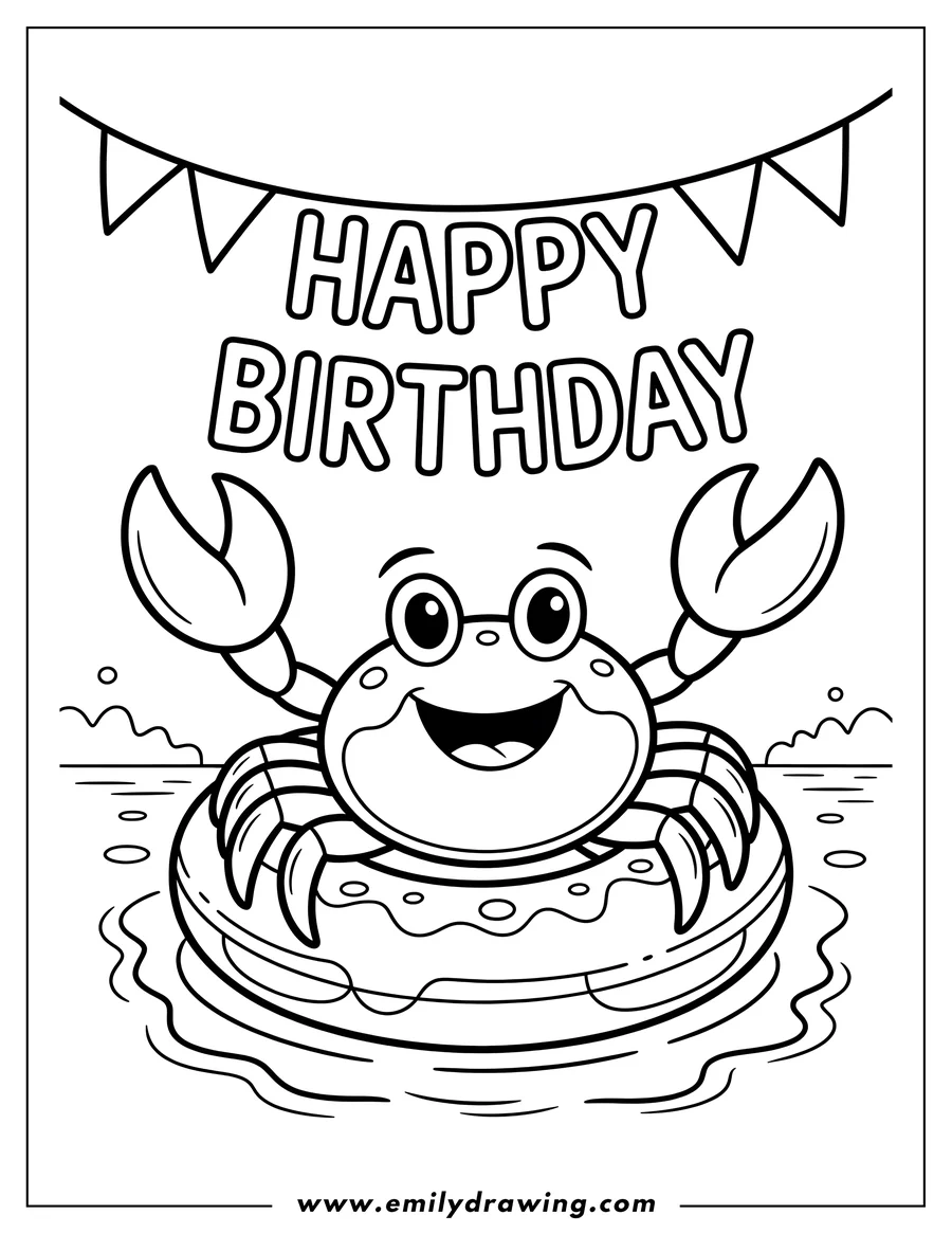 Outline of a smiling crab floating on an inner tube with a 