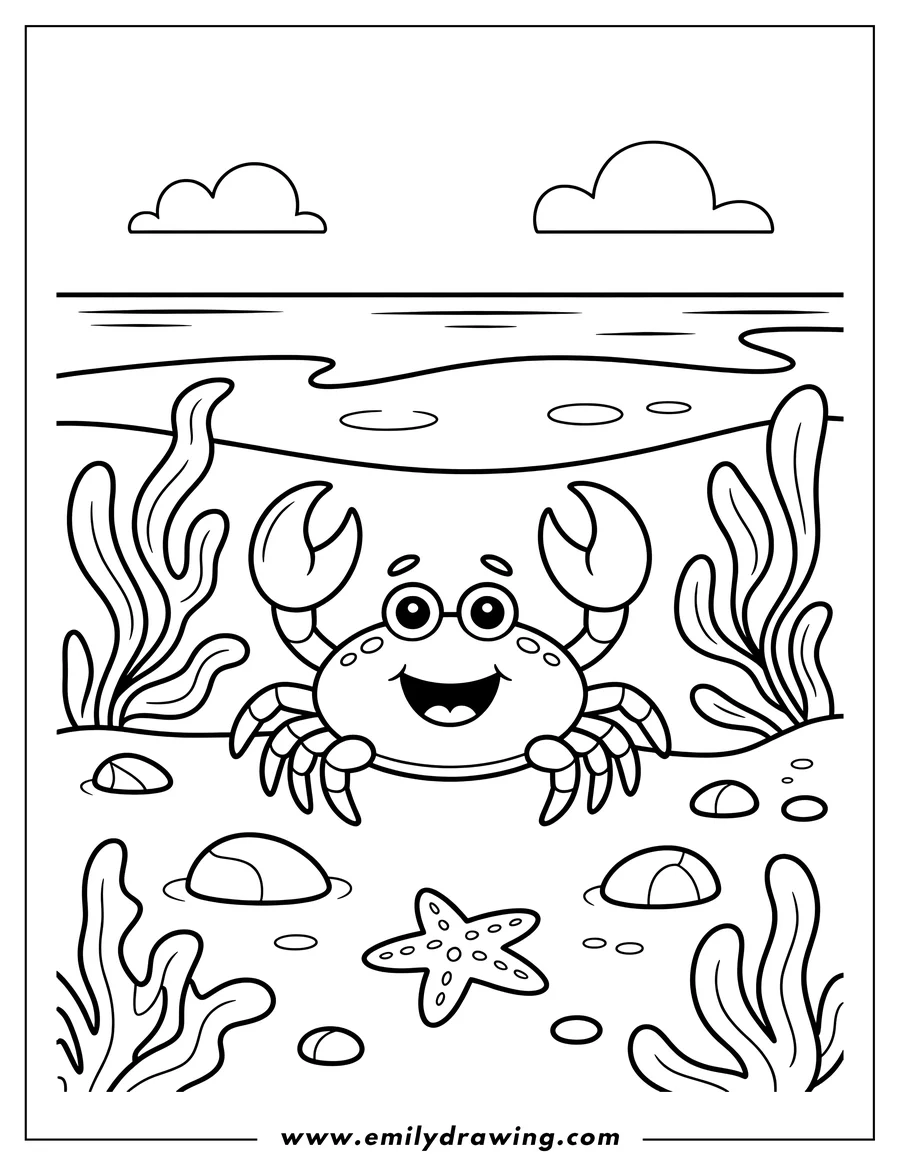 Outline of a smiling crab on the seafloor with seaweed, a starfish, rocks, and the ocean surface visible in the background.
