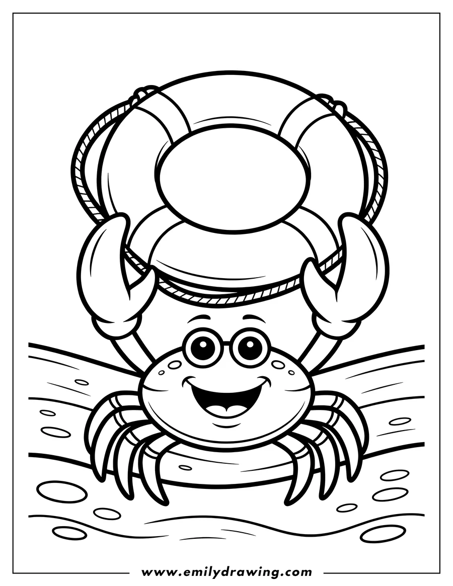 Line art of a smiling crab holding a life preserver above its head.  It is standing in shallow water.